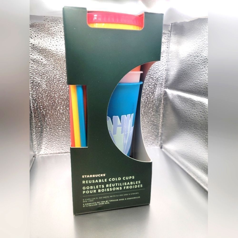 NWT! STARBUCKS⚡ SUMMER 2 RETRO NEON COLORED REUSABLE COLD CUPS 2020 (5) PACK